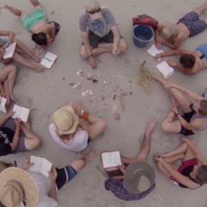 Students gather on the beach to learn about sea turtle conservation