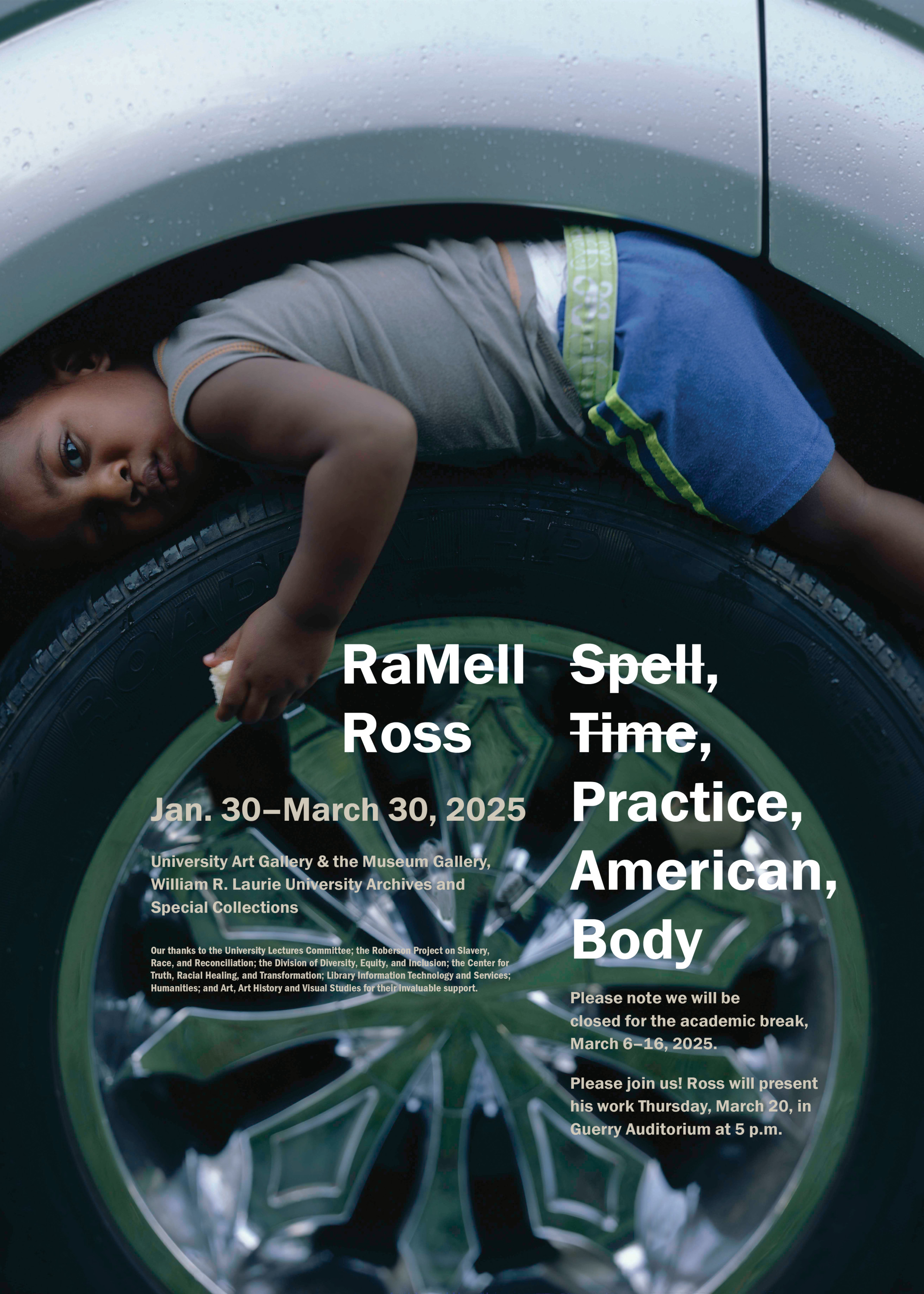 RaMell Ross exhibition poster, with young boy hiding in a wheel well