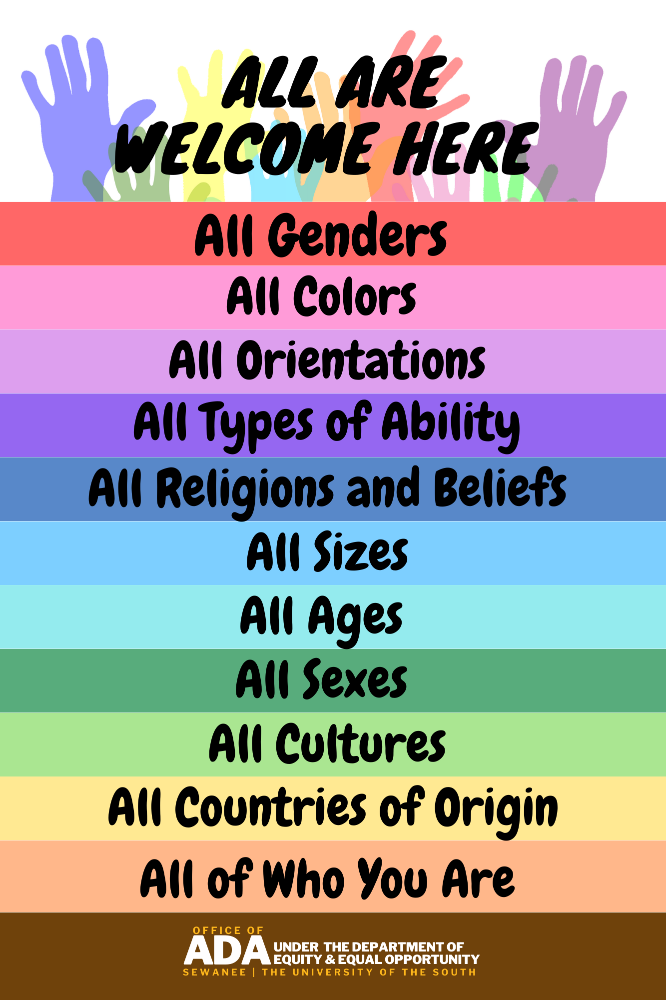 Rainbow flyer with the header "All Are Welcome Here" with differnt idnienity types listed below. 