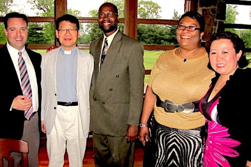 Gathering with classmates at the dean's dinner for senior seminarians. Pictured from left to right: Al; the Rev. Peter Soosang Lee; the Very Rev. Dr. Pierre Gabaud, T'11; Marie Gabaud, and Val.