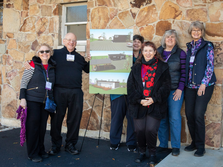 Members of the Class of 1973 pose with early renderings of the Sewanee Welcome Center. Pictured are (left to right): Nan Tucker Jennings, C'73; Jimmy Wilson, C'73, P'01, P'23; Pan Adams McCaslin, C'73, T'13, GP'27; Fay Kilgore, C'73; Holly Hall Mason, C'73; and Judy Ward Lineback, C'73, H'17 (for whom the Sewanee restaurant Judith is named).