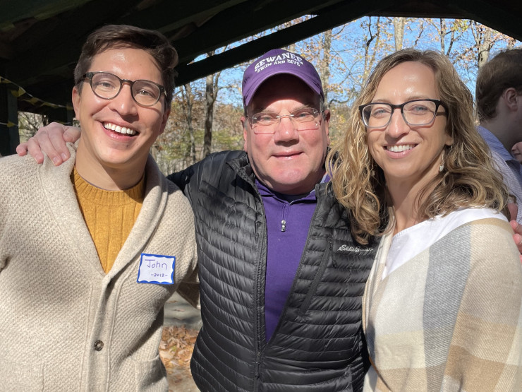 Richards with Obermiller and Casey George, C'00, at Obermiller's retirement party in 2023.