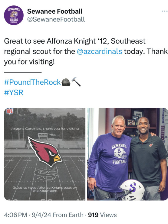 Last year, Knight paid a visit to the Mountain and got a shout out from Sewanee Football on social media. “Sewanee opened doors for me,” Knight says.