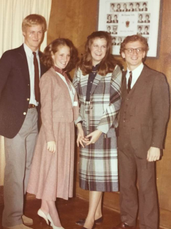 A Sewanee throwback from 1980. (Left to right) Mallory Nimocks, C'81; Carla Morehead Nimocks, C'83; Connie Crawford Custer, C'83; and David Terry, C'82