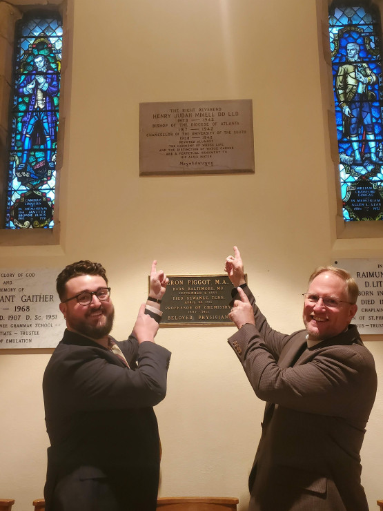 In 2025, Wood gathered with Ethan Scott, C&rsquo;19, one of his former parishioners, near an All Saints&rsquo; Chapel plaque honoring Bishop Henry Judah Mikell. Mikell served as Sewanee&rsquo;s chancellor from 1938&ndash;1942. In 1941, he established Camp Mikell in Toccoa, Georgia, which Wood and Scott both credit as vital to their formation.