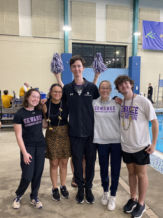 Go, Tigers! Sewanee student-athletes with Simmons at the SAA Conference Championships in 2024. (Left to right) Katie Walker, C'25; Simmons; Jack Goodson, C'24; Greta Cobb, C'25; and Will Snead, C'27