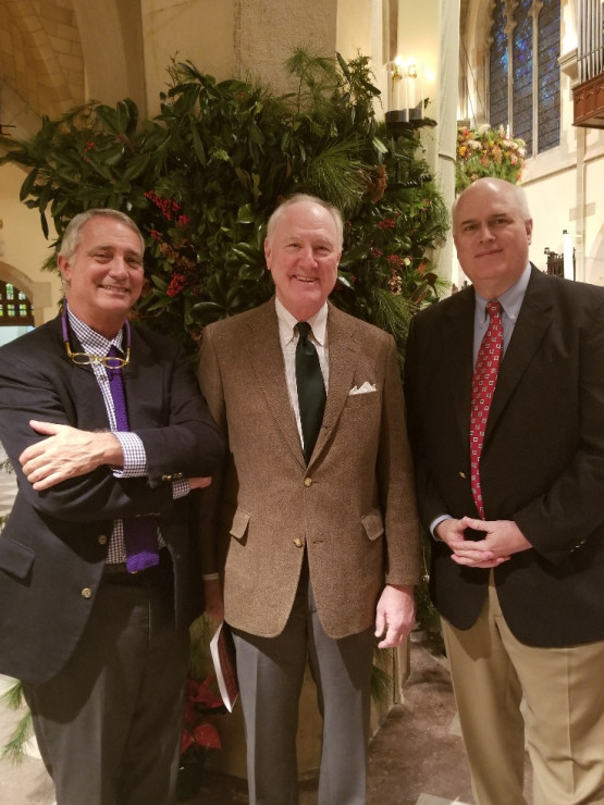 Skaggs (right) with classmates and basketball teammates Joe DeLozier, C'77 (left) and Rhea Bowden, C'76 (center), at Lessons and Carols