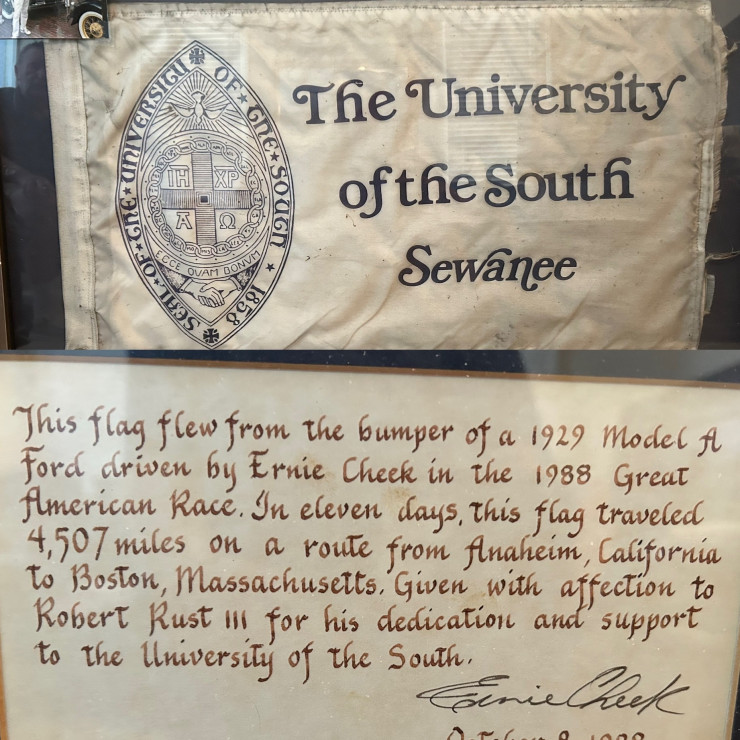 In Rust&rsquo;s home office, he displays a valued gift&mdash;the Sewanee flag that his friend Ernie Cheek, C&rsquo;61, designed for the Great American Race of 1988. A note included with the flag describes its travels and Cheek&rsquo;s appreciation for Rust&rsquo;s service to the University.