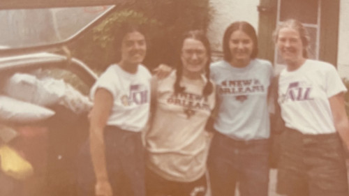 Cumberland Nine friends en route to New Orleans in coordinated T-shirts: (left to right) Beth Candler Marchman, Susan Hoffman Combs, Terri Taylor, and Madge Nimocks